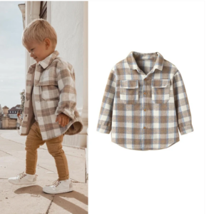 Toddler Kids Unisex Tan Plaid Flannel Long Sleeve Jacket with Pockets