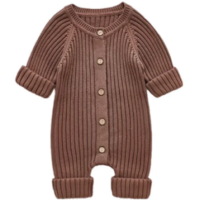 Unisex Infant Toddler Coffee Solid Knit Long Sleeve One Piece Button Romper